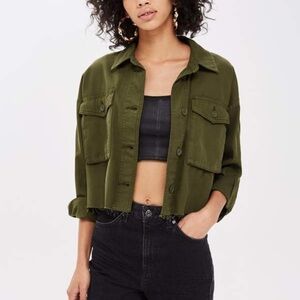 Topshop Petite Dark Army Green Raw Hem Crop Shacket Size Small (8-10)